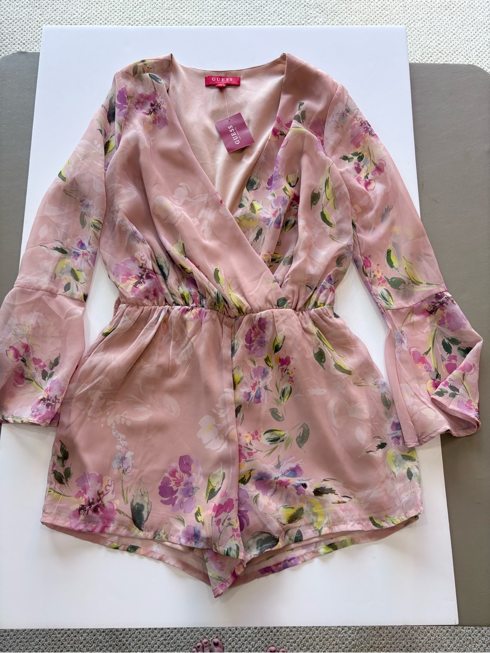 GUESS Pink Floral Sheer Surplice Romper